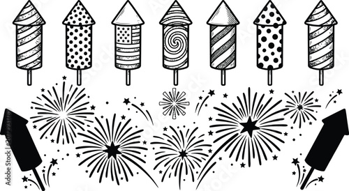 Fireworks and rockets a black and white vector illustration depicting celebratory pyrotechnics and explosive bursts firecracker rocket pyrotechnic celebration festivity holiday new