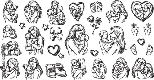 Collection of Animal Mother and Baby Silhouettes in Line Art Outline Style