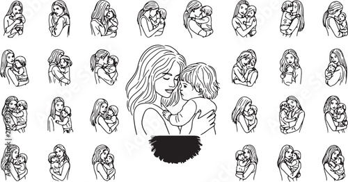 Mother Embracing Child, Tender Moment, Line Art Illustration