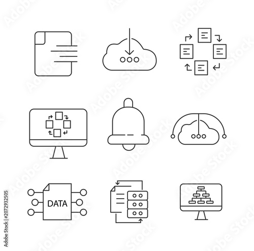MobileModern network and internet outline icon set featuring linear technology symbols, communication elements, editable strokes, scalable vector graphics, user interface design resources.
