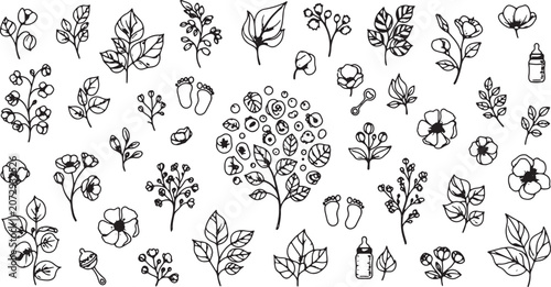 Botanical Floral Silhouettes Line Art Illustration of Mother and Child Nature Motifs