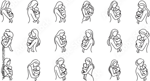 Mother and Baby Animals Line Art Illustration Set in Minimalist Thin Outline Style