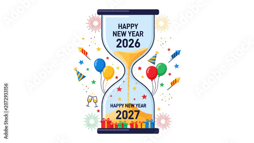Foto New Year Countdown: An hourglass symbolizes the passage of time, with 2026 transitioning into 2027, surrounded by festive elements like balloons, fireworks, and gifts
