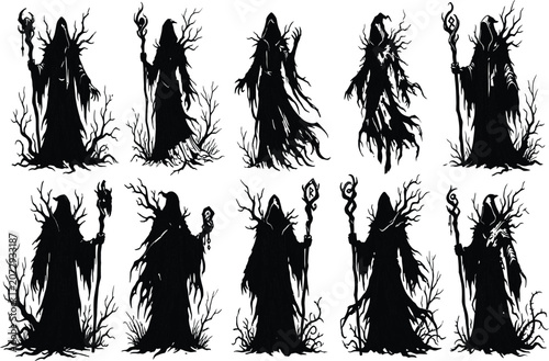 Black silhouettes of mystical figures with magic wands