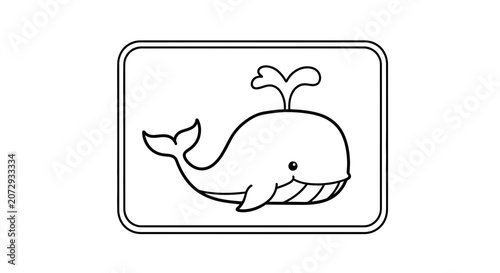 Cute cartoon whale illustration, simple line art, isolated on white background, suitable for kids