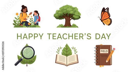 Foto Happy Teacher's Day Celebration: A heartwarming illustration depicts a teacher and student interacting amidst nature, surrounded by symbols of learning and growth, celebrating Teacher's Day