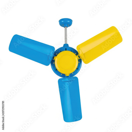 Colorful ceiling fan with blue and yellow blades for kids room interior decoration in a modern house or apartment home