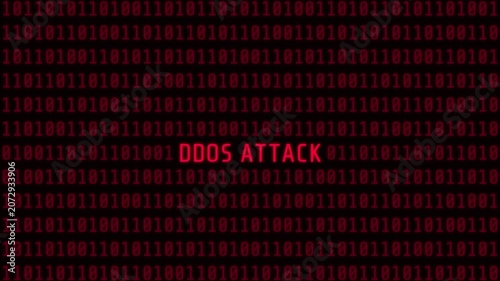 Loop animation with red binary code and DDOS attack warning text. Abstract cyber security concept for network threats, hacking, system attacks, and digital danger visuals.