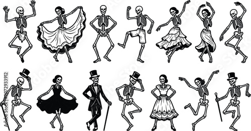 Dancing skeletons in various poses and costumes