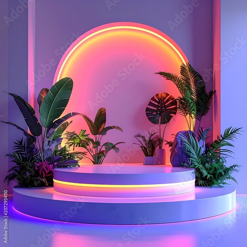 A futuristic stage with neon lights and lush greenery (2)