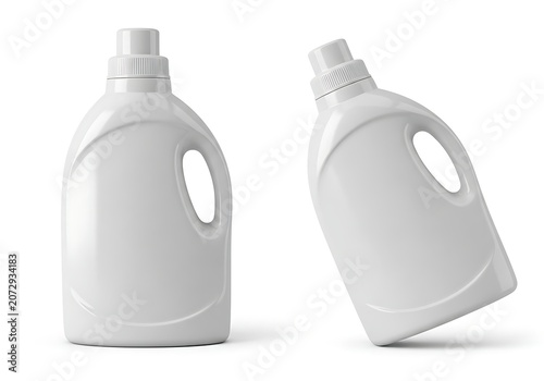 Two white plastic detergent bottles isolated on white background