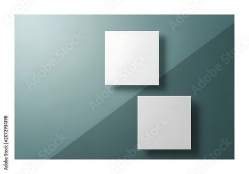 Two blank white square canvases on a split teal and dark green background