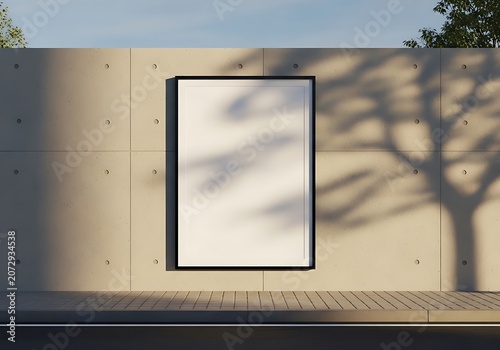 Blank vertical poster frame on concrete wall with tree shadow overlay