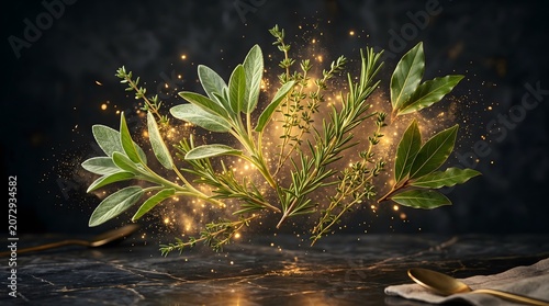 A selection of fresh aromatic herbs, including sage, rosemary, thyme, and bay leaves