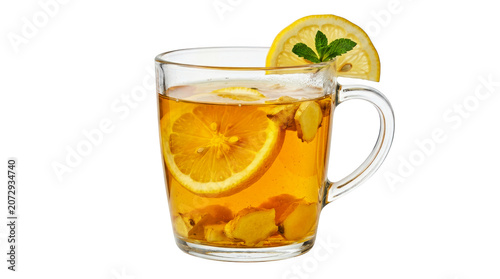 Ginger tea with lemon in glass mug isolated PNG for cafe menu