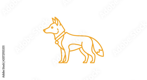 Golden line art dog standing profile logo.