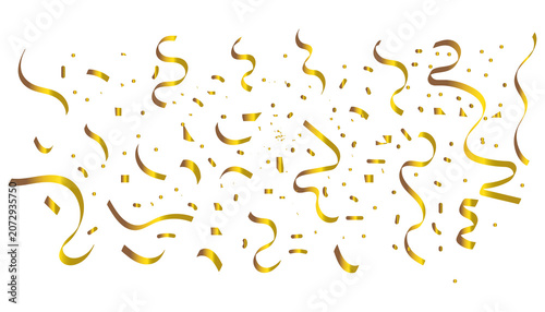 Golden confetti and streamers falling, isolated on transparent background
