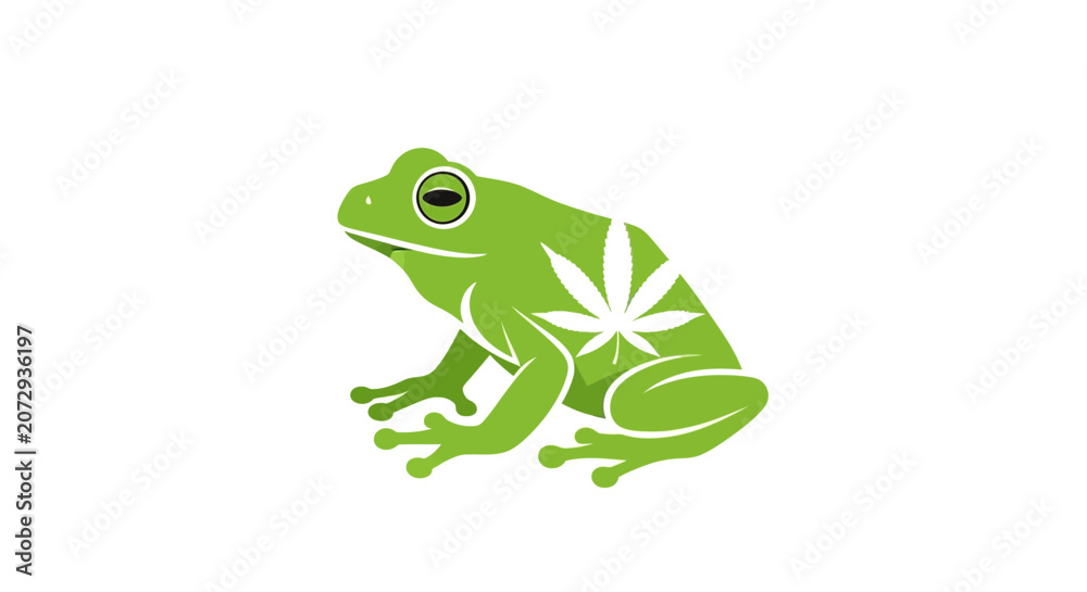 Naklejka premium Green frog mascot with cannabis leaf pattern.