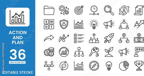 Action and plan icon set 36 editable line icons for business strategy and marketing