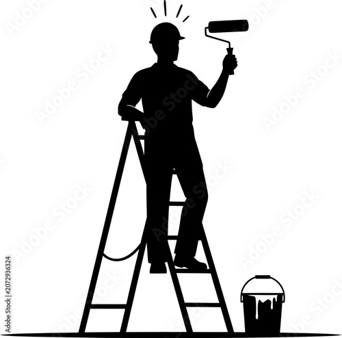 Silhouette of a professional house painter standing on a stepladder with a paint roller.