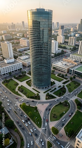 Aerial view of modern glass skyscraper surrounded by circular road junction and urban skyline.