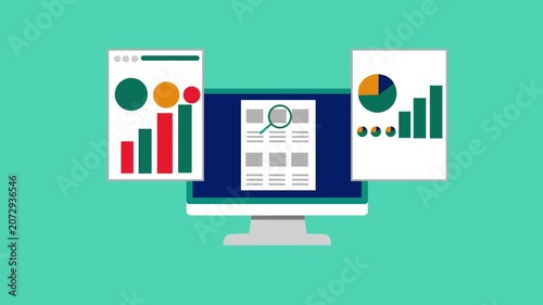 Flat animation of a desktop monitor displaying a webpage with two floating charts animation