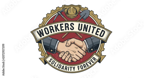 Workers United Solidarity Emblem with Handshake and Tools