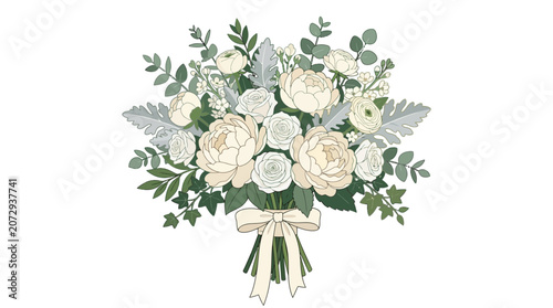 Fotografía Soft White Rose Bouquet with Dusty Miller and Greenery Tied with Ribbon, Isolate