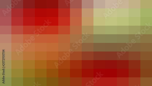 Abstract background with a mosaic of red, orange, and light green squares, creating a vibrant and textured digital pattern