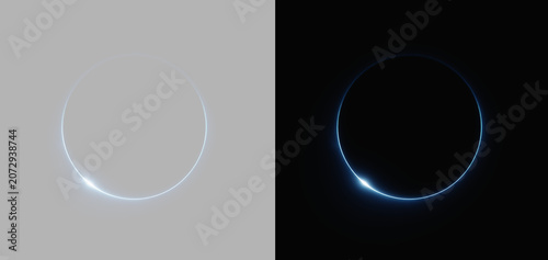 Photos Blue neon ring on grey and black background, glowing solar eclipse lens flare ci