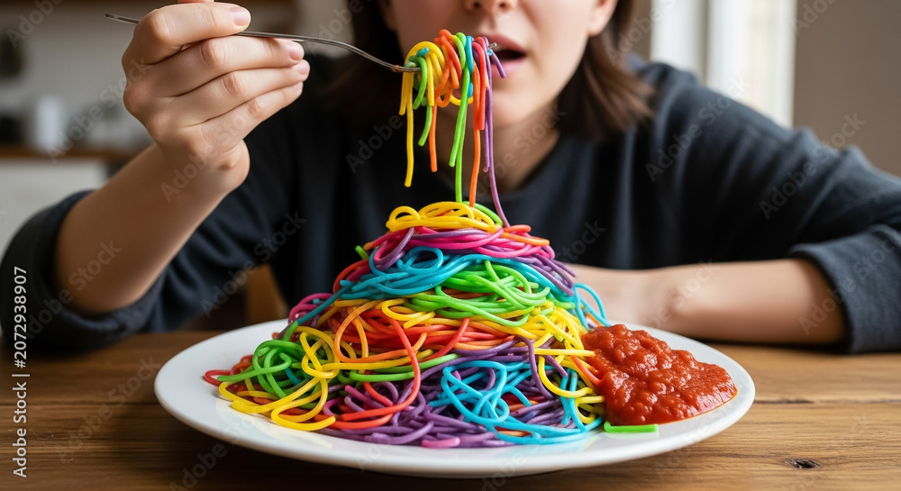 Obraz premium Vibrant Rainbow Spaghetti: A Playful and Colorful Culinary Experience