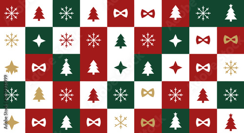 Christmas Pattern: Red, Green, White, Gold Snowflakes, Trees, Bows