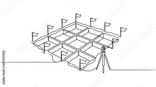 Konstfotografi Survey grid with flags and surveying equipment, measuring land for construction
