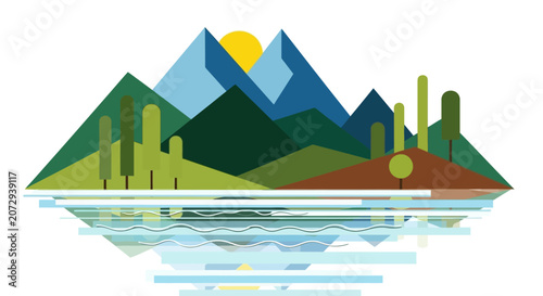 Geometric Mountain Landscape with Reflecting Lake
