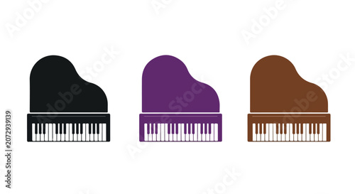 Three Grand Pianos in Color: A collection of three stylized grand pianos in black, purple, and brown, presented side-by-side, showcasing a harmonious blend of musical artistry and vibrant hues.