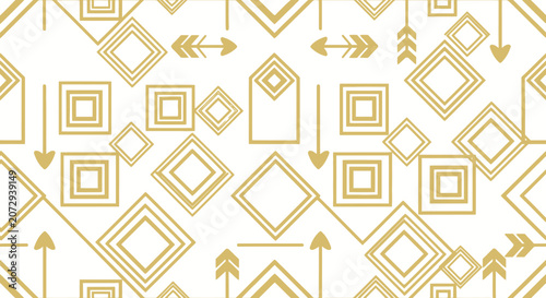 Golden geometric diamonds and arrows seamless pattern on white background
