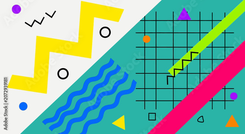 Retro 80s Memphis Design Abstract Background with Geometric Shapes