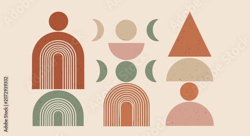 Boho geometric shapes, rainbow arch, moon phases, abstract mid century modern