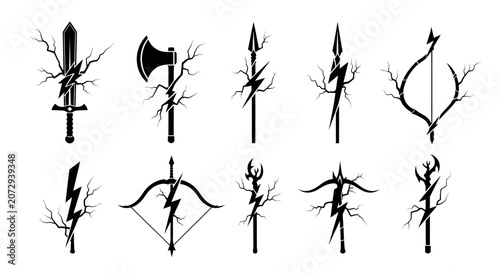 Fantasy weapons and lightning icons, cracked branch silhouette set