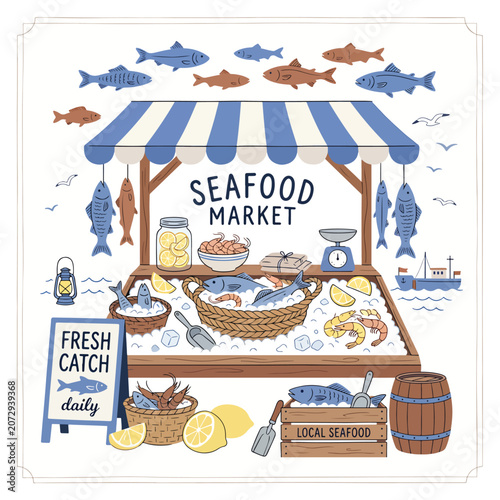 Принти на полотні Fresh seafood market with fish display.