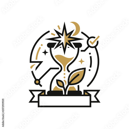 Hourglass with plant and star, growth and time concept illustration