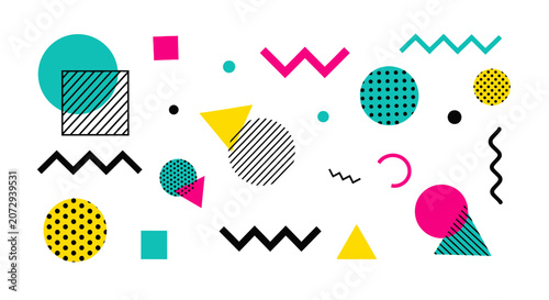 Retro Geometric Shapes Pattern, Memphis Style, Bright Colors