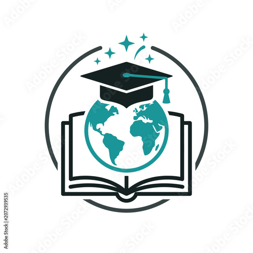 Global Education Concept: Graduation Cap, Globe, Open Book, Stars