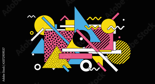 Retro Geometric Shapes Abstract Memphis Style Black Background
