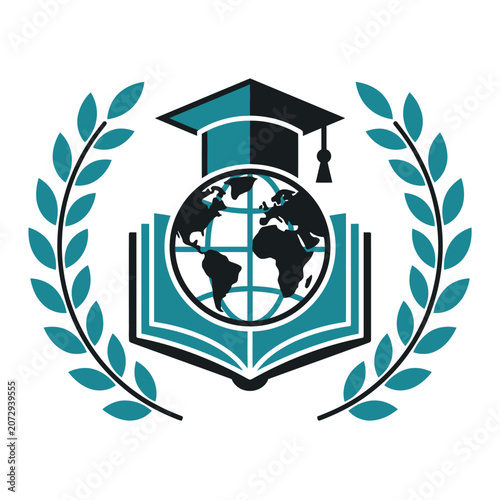 Global Education Emblem: Graduation Cap, Book, Globe, Laurel Wreath