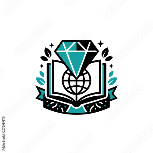 Diamond Gemstone on Open Book with Globe and Leaves Emblem