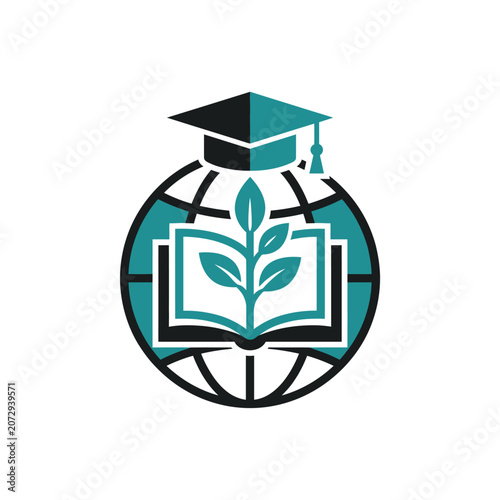 Global Education Concept: Open Book, Plant, Graduation Cap on Globe
