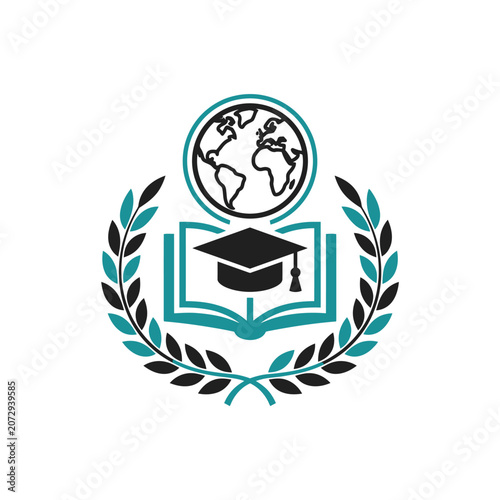 Global Education Symbol: Book, Graduation Cap, Laurel Wreath, Globe