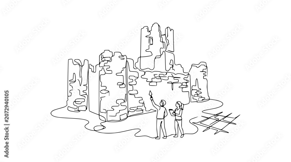 Fototapeta premium Archaeologists examining ancient castle ruins, one point to tower, line art illustration.
