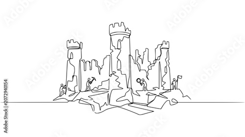 Tableau sur toile Continuous line drawing of ancient castle ruins with tiny figures exploring